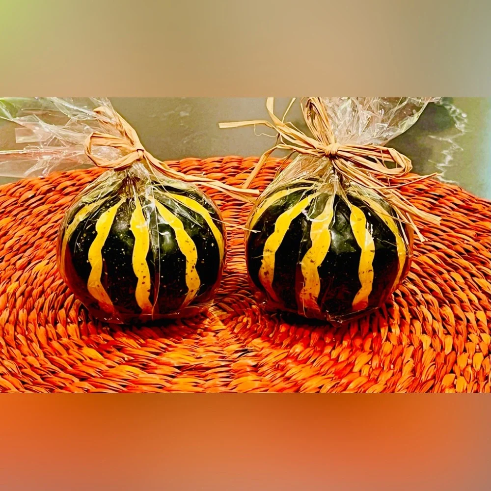 Crate&Barrel 2 1/2” X 3” set of Gourd Candles autumn NewGift wrapped raffia bow